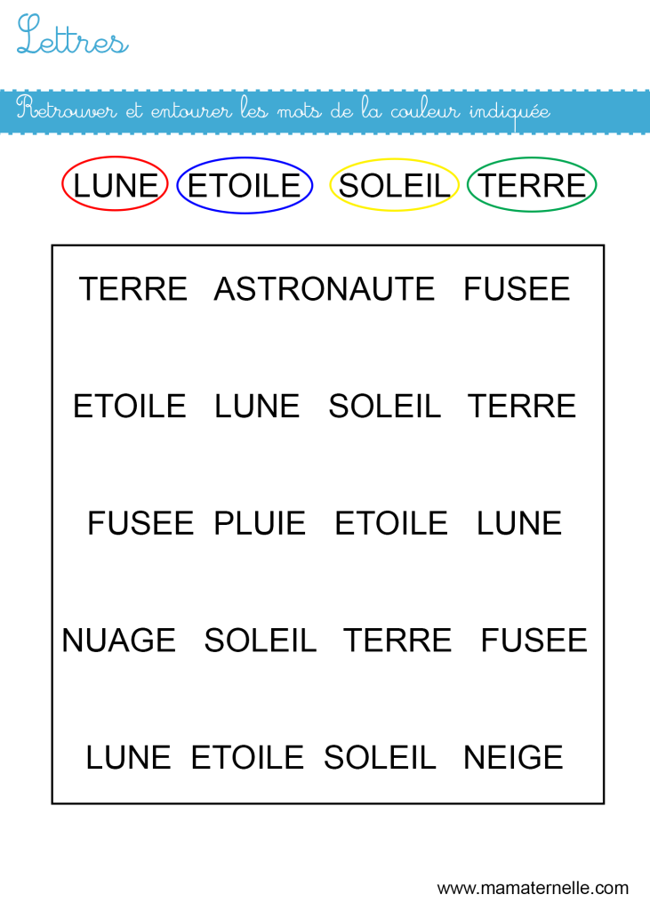 Moyenne section - Lettres : retrouver et entourer les mots