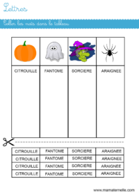 Moyenne section - Lettres : coller les mots dans le tableau