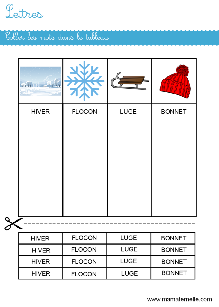 Moyenne section - Lettres : coller les mots dans le tableau