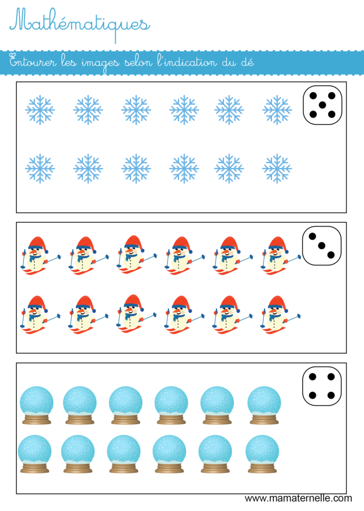 Grande section - Mathématiques : entourer selon le dé