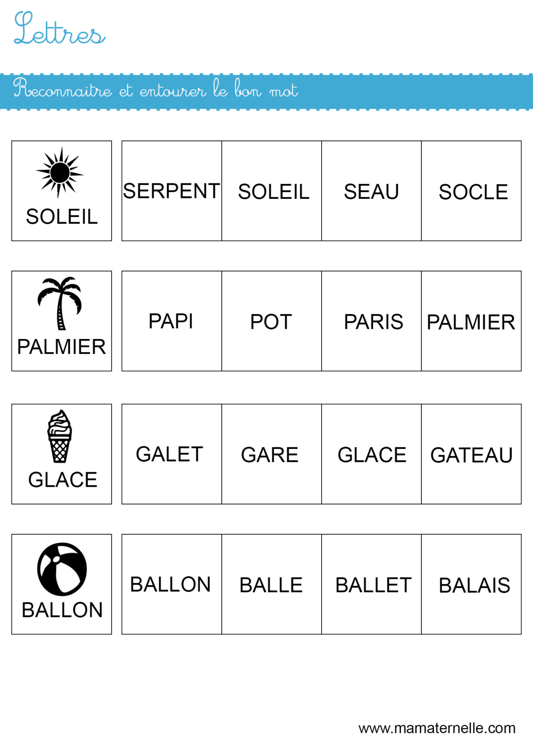 Lettres reconnaitre et entourer le bon mot Ma Maternelle