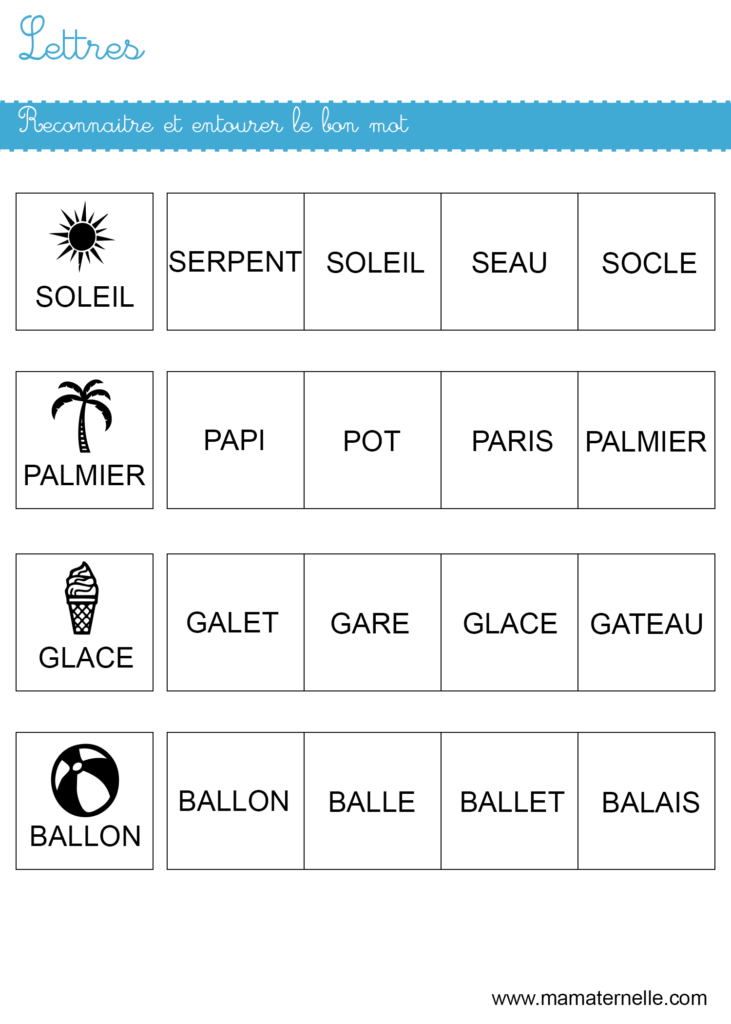 Grande section - Lettres : reconnaitre et entourer le bon mot