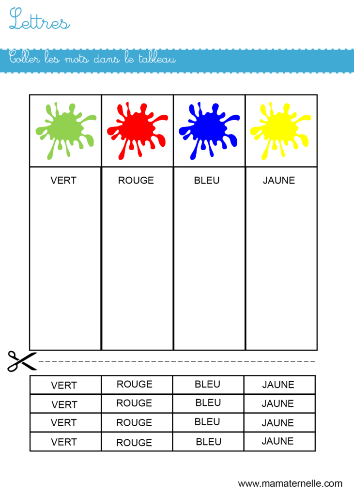 Moyenne section - Lettres : coller les mots dans le tableau