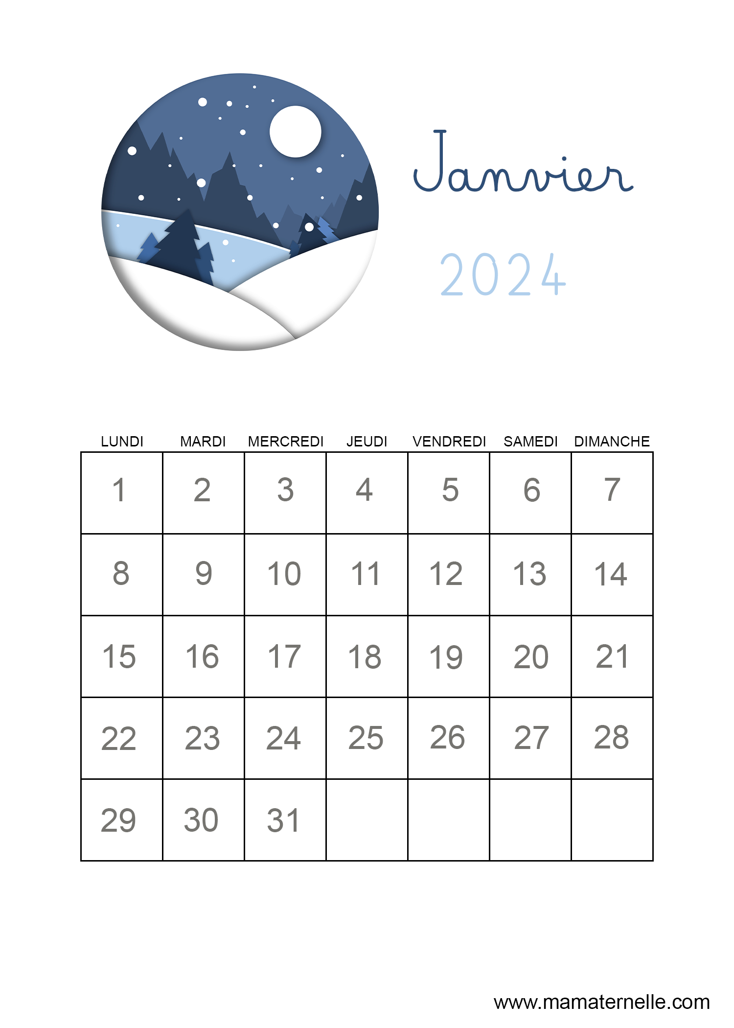 Calendrier Janvier 2024 - Ma Maternelle