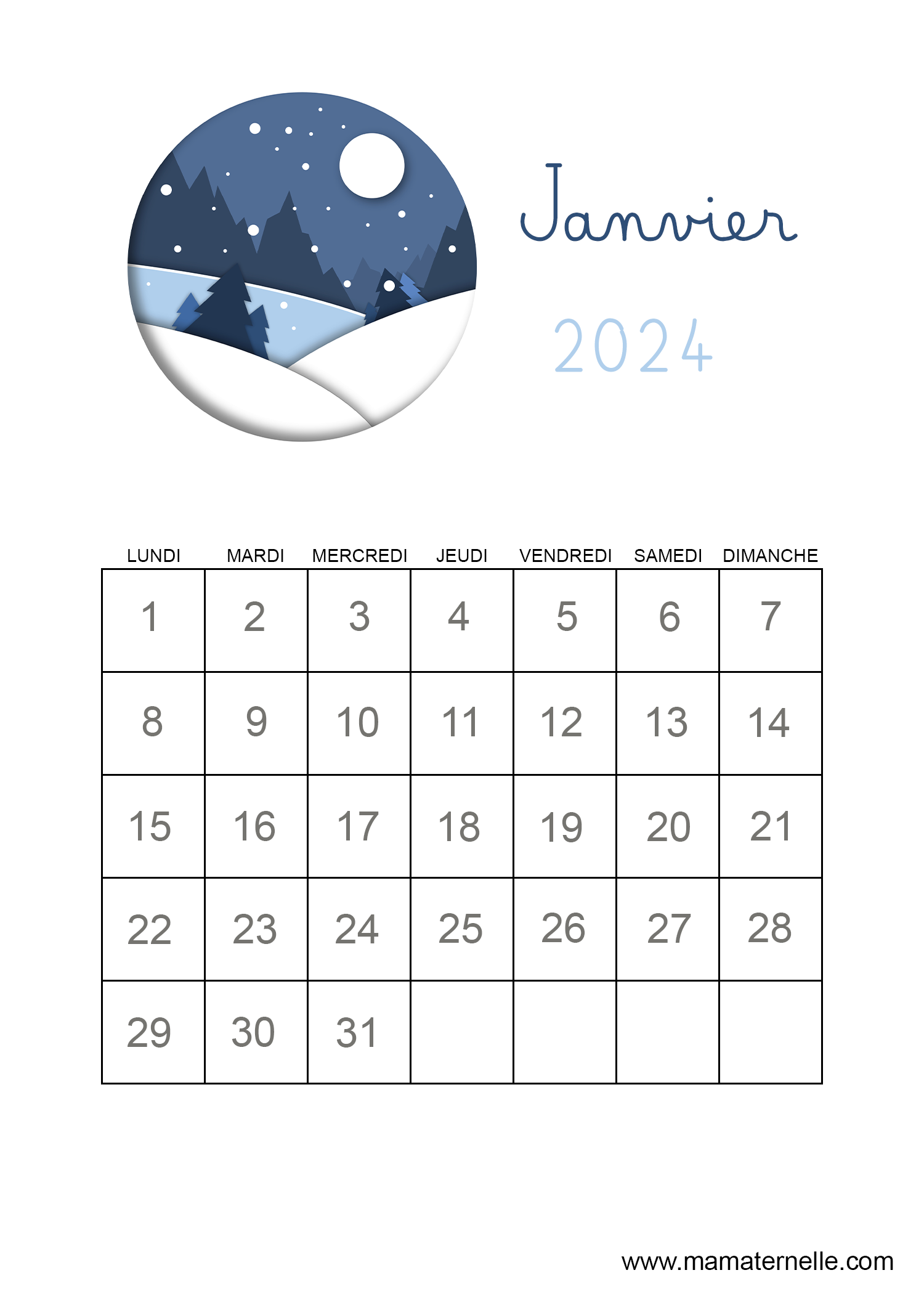 calendrier janvier 2024