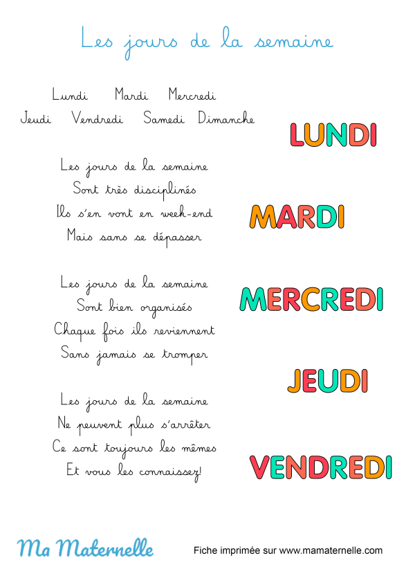 Chanson les jours de la semaine Ma Maternelle
