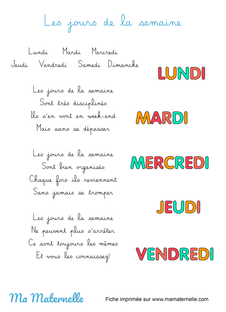 Activités - Chanson : les jours de la semaine