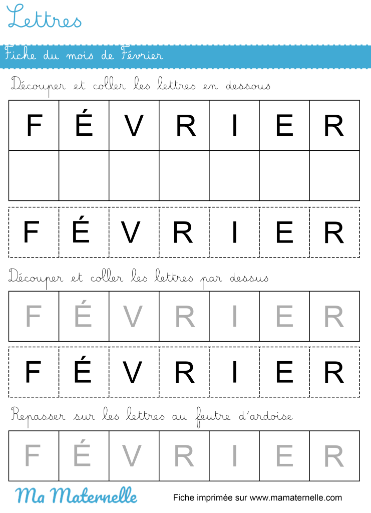 Petite section - Lettres : fiche du mois de février