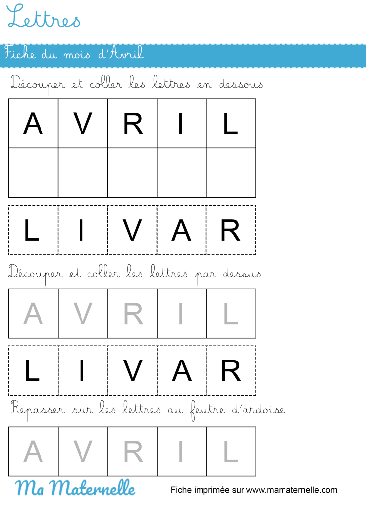 Petite section - Lettres : Fiche du mois d’Avril