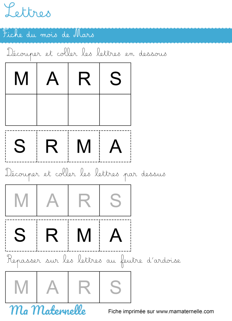 Petite section - Lettres : fiche du mois de mars