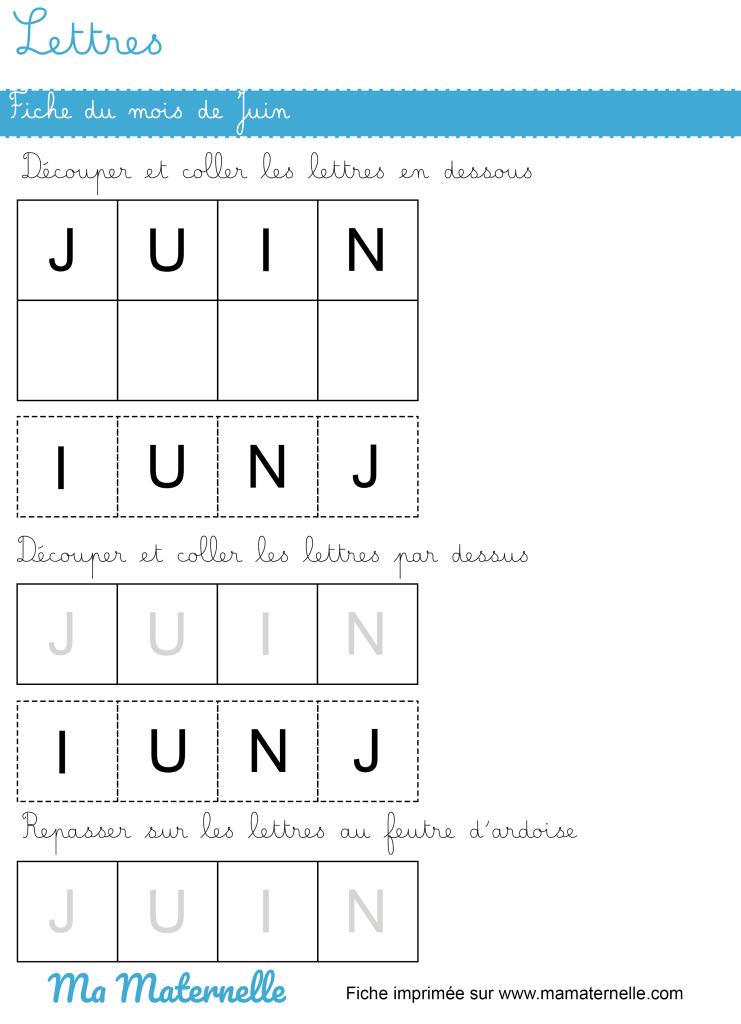Petite section - Lettres : Fiche du mois de Juin