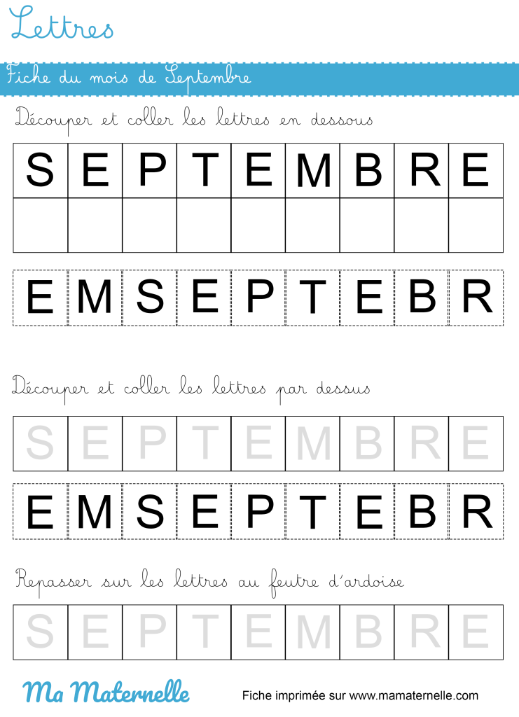 Petite section - Lettres : fiche du mois de septembre