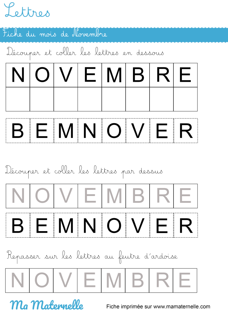 Petite section - Lettres : fiche du mois de novembre