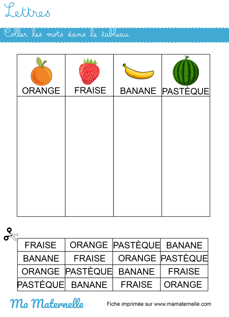 Moyenne section - Lettres : coller les mots dans le tableau