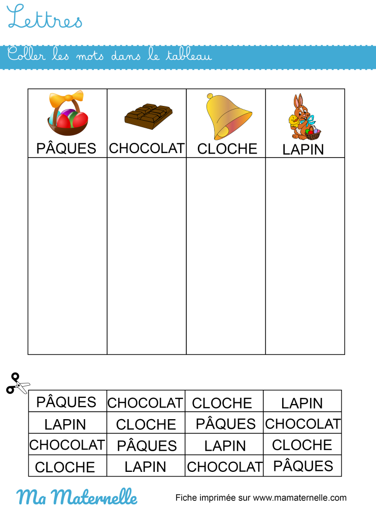 Moyenne section - Lettres : coller les mots dans le tableau