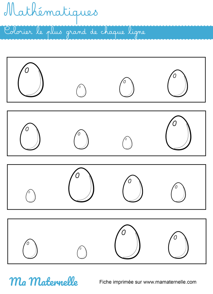 Petite section - Mathématiques : colorier le plus grand de chaque ligne