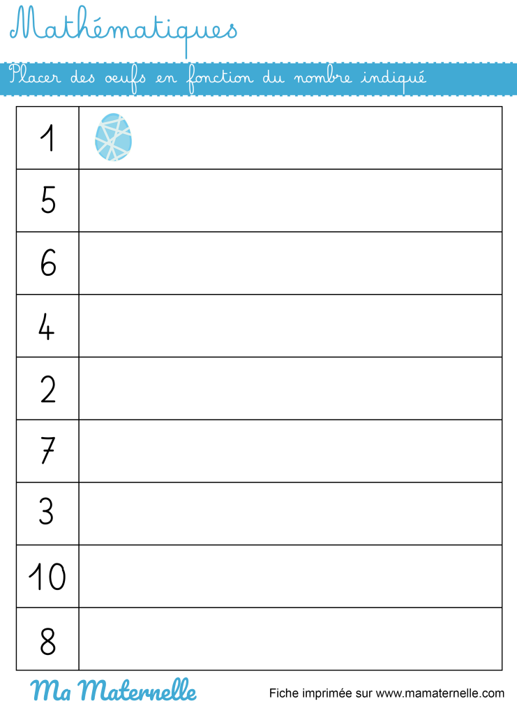 Grande section - Mathématiques : placer en fonction du nombre