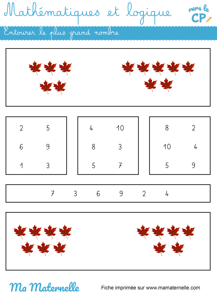 Vers le CP - Mathématiques et logique : entourer le plus grand nombre