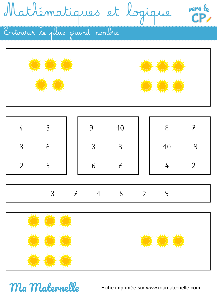 Vers le CP - Mathématiques et logique : entourer le plus grand nombre