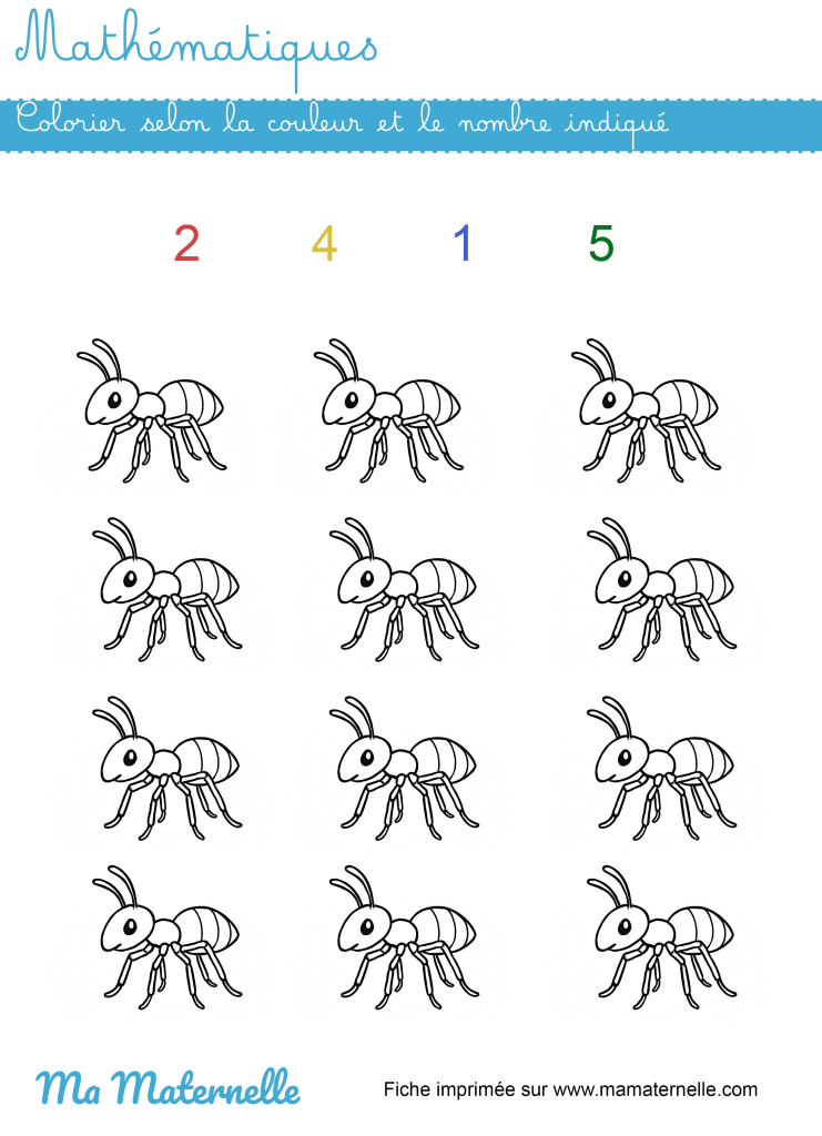 Moyenne section - Mathématiques : colorier selon la couleur et le nombre indiqué