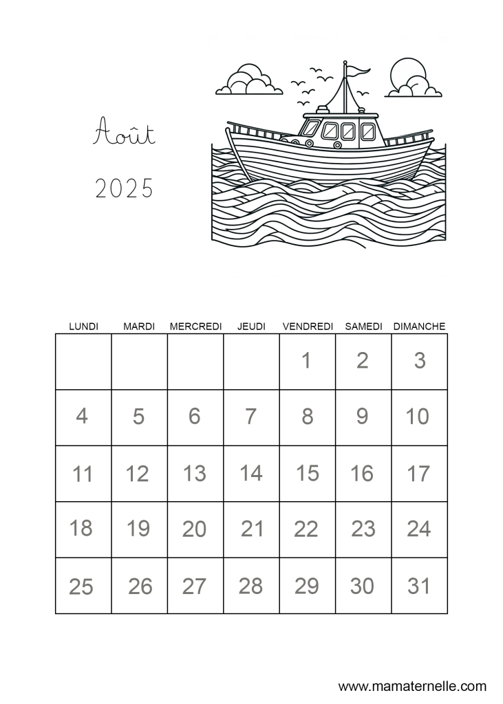 Activités - Calendrier coloriage Août 2025