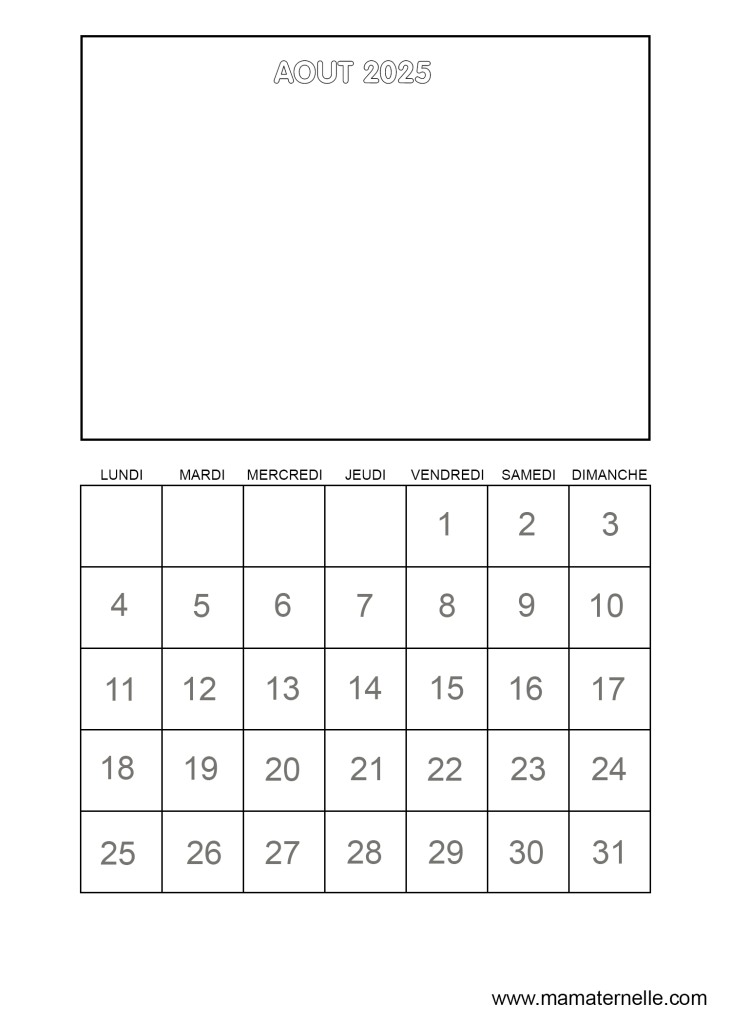 Activités - Calendrier vierge Août 2025