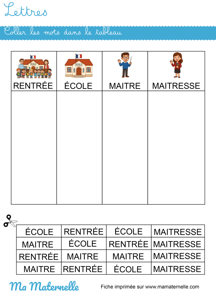 Moyenne section - Lettres : coller les mots dans le tableau