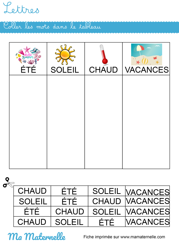 Moyenne section - Lettres : coller les mots dans le tableau