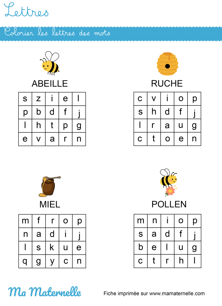 Grande section - Lettres : colorier les lettres des mots