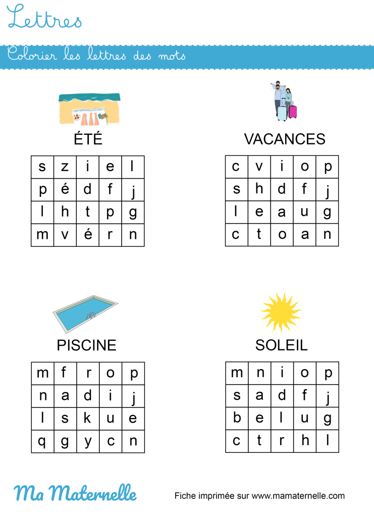 Grande section - Lettres : colorier les lettres des mots