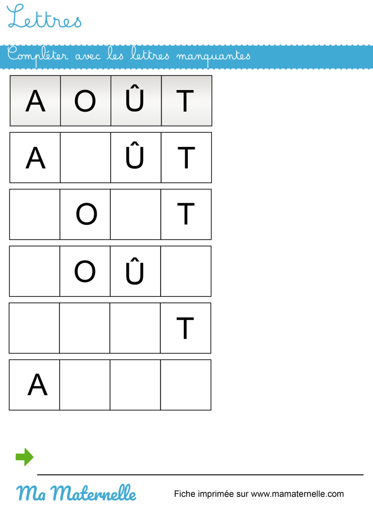 Grande section - Lettres : compléter avec les lettres manquantes