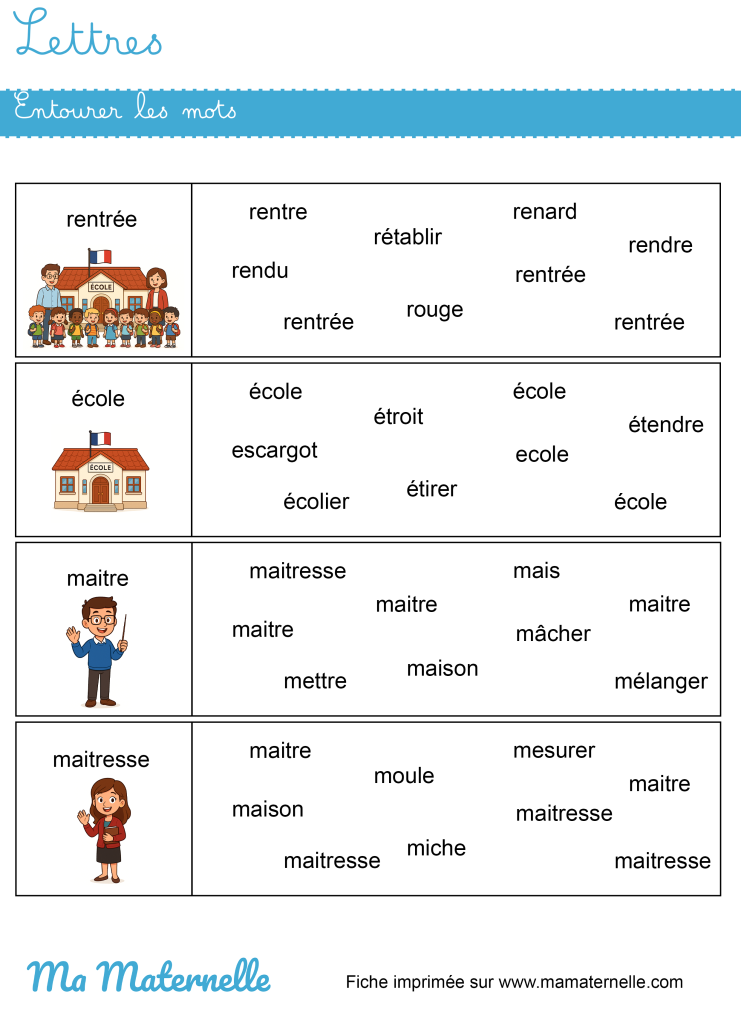 Grande section - Lettres : entourer les mots