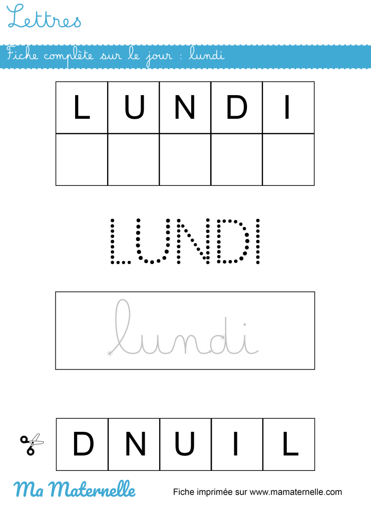 Grande section - Lettres : fiche complète sur le jour