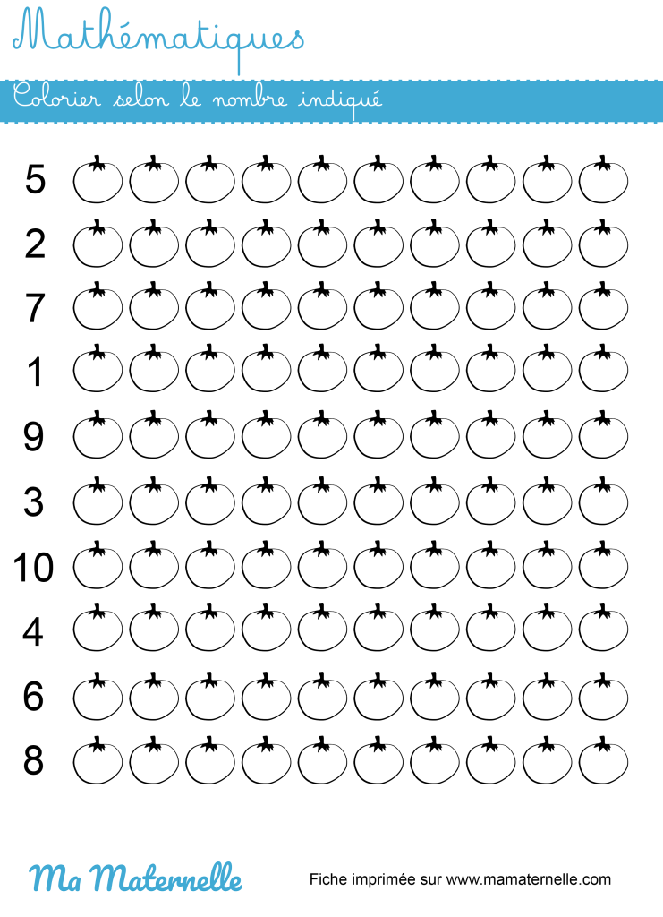 Grande section - Mathématiques : colorier selon le nombre indiqué
