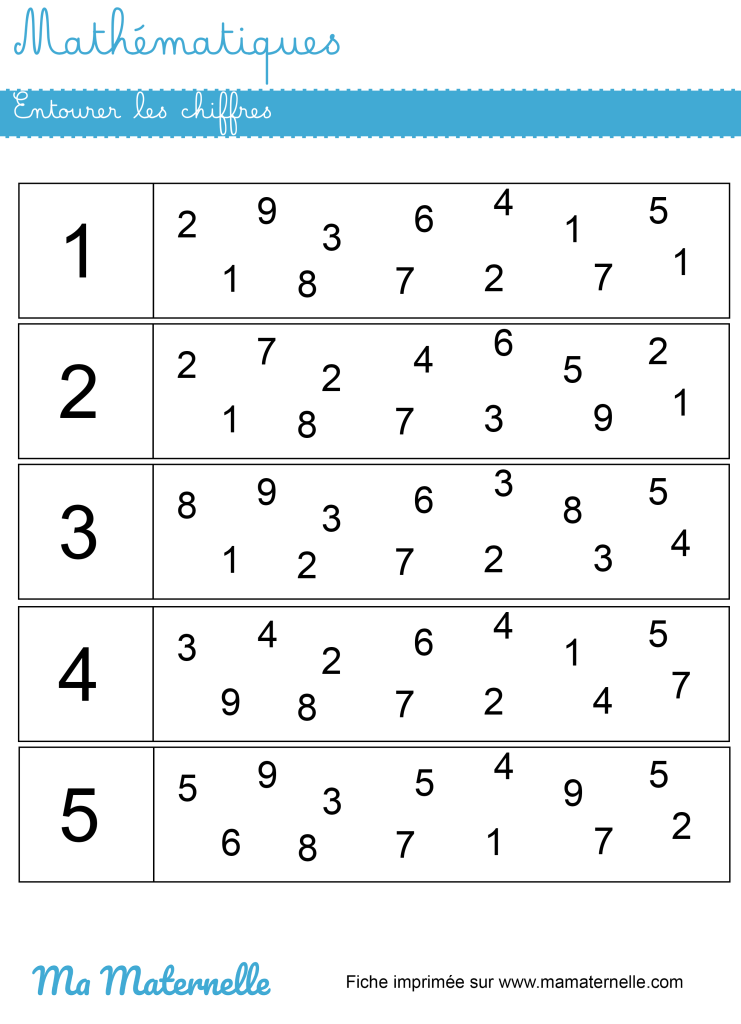 Moyenne section - Mathématiques : entourer les chiffres