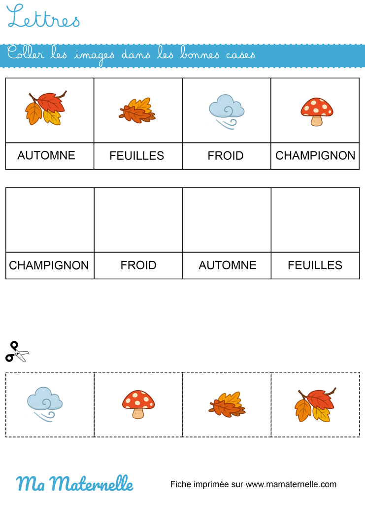 Moyenne section - Lettres : coller les images dans les bonnes cases
