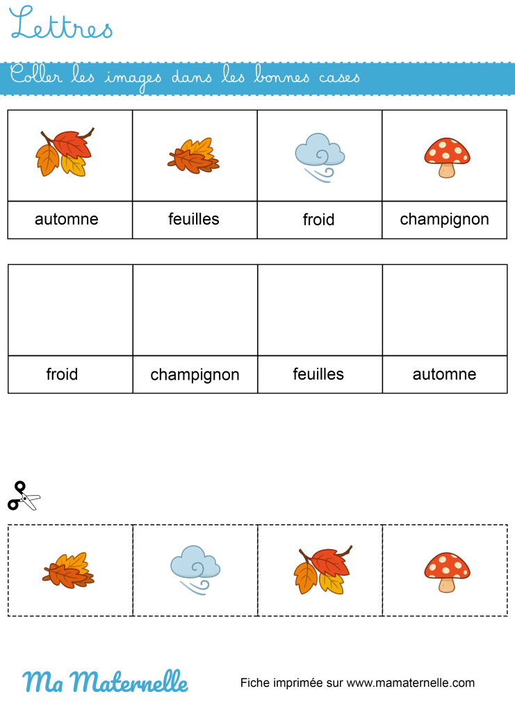 Moyenne section - Lettres : coller les images dans les bonnes cases