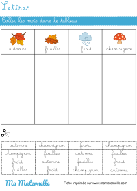 Grande section - Lettres : coller les mots dans les bonnes cases