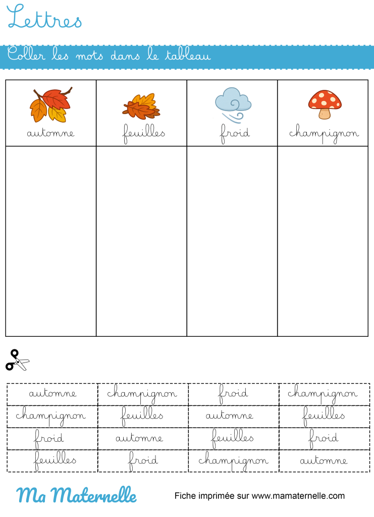 Grande section - Lettres : coller les mots dans le tableau