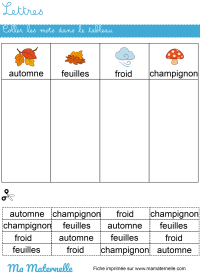 Moyenne section - Lettres : coller les mots dans le tableau