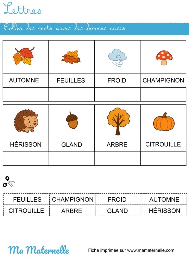 Moyenne section - Lettres : coller les mots dans les bonnes cases