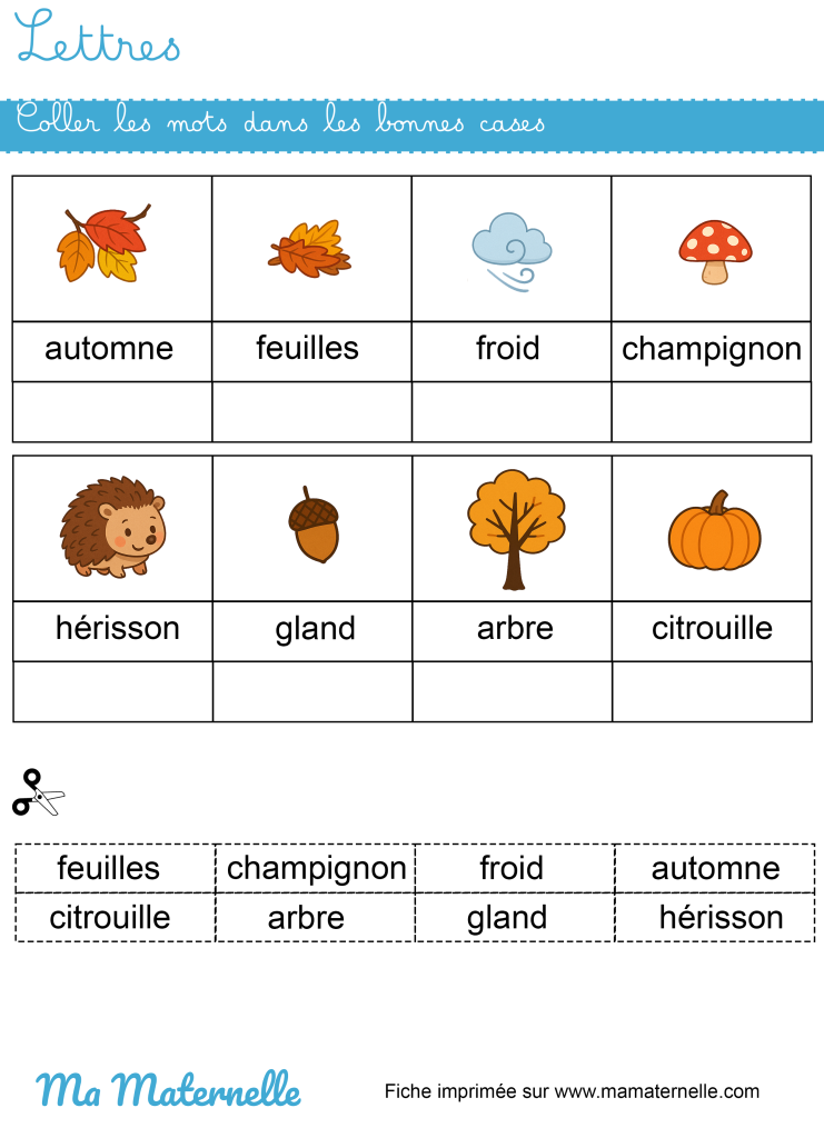Grande section - Lettres : coller les mots dans les bonnes cases
