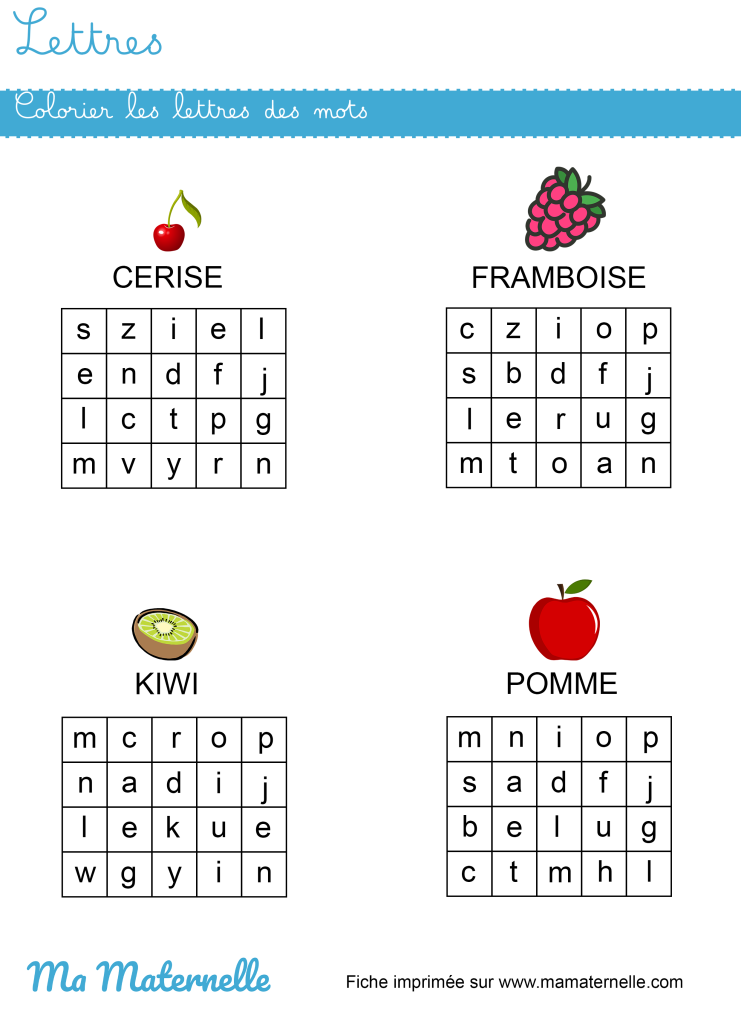 Grande section - Lettres : colorier les lettres des mots