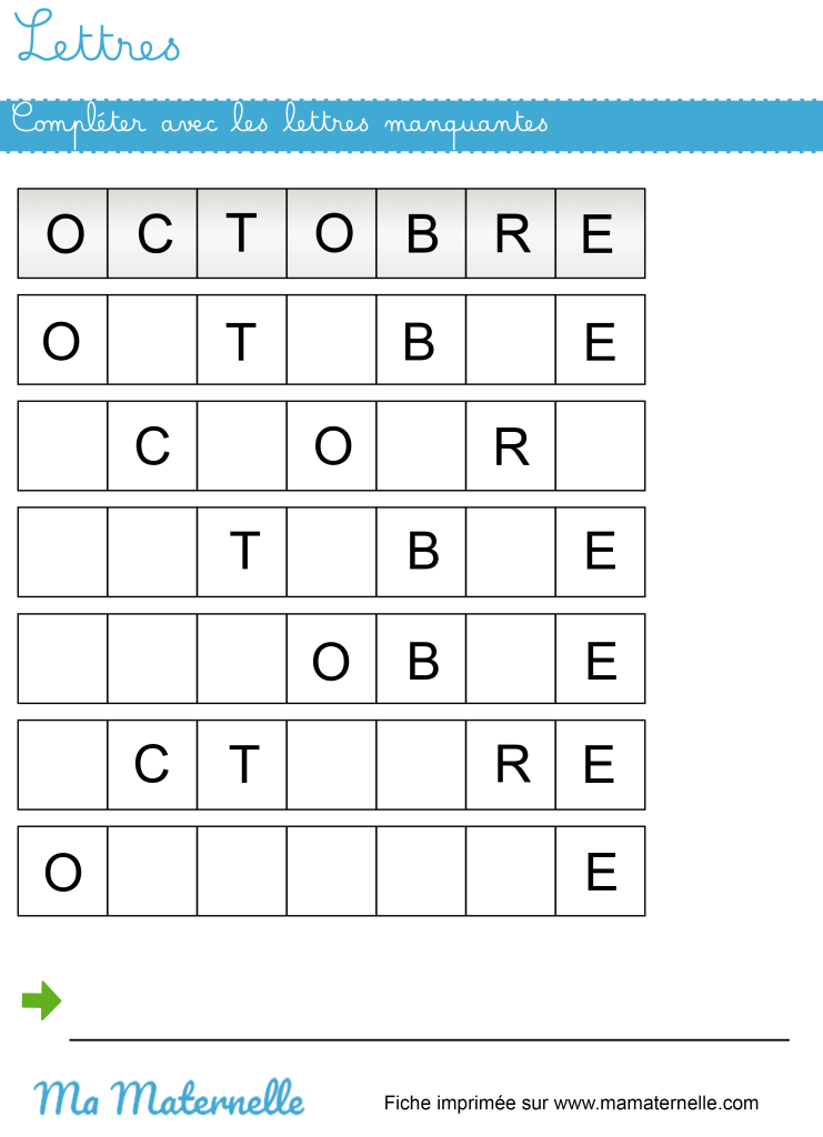 Grande section - Lettres : compléter avec les lettres manquantes