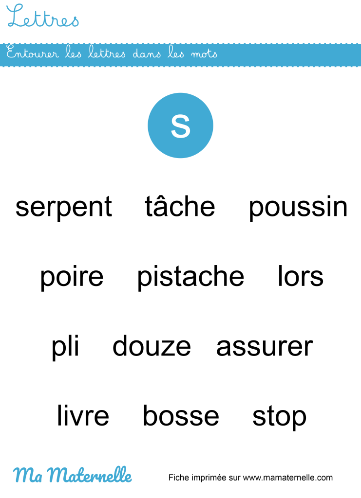 Grande section - Lettres : entourer les lettres dans les mots