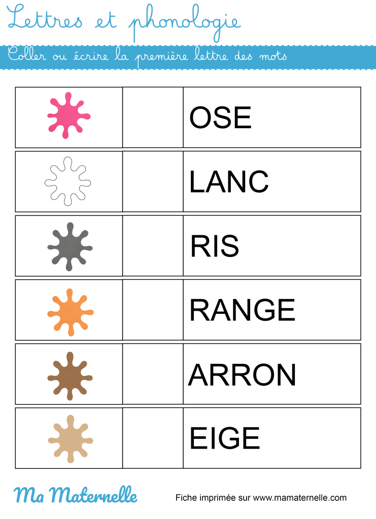 Grande section - Lettres et phonologie : coller ou écrire la première lettre des mots