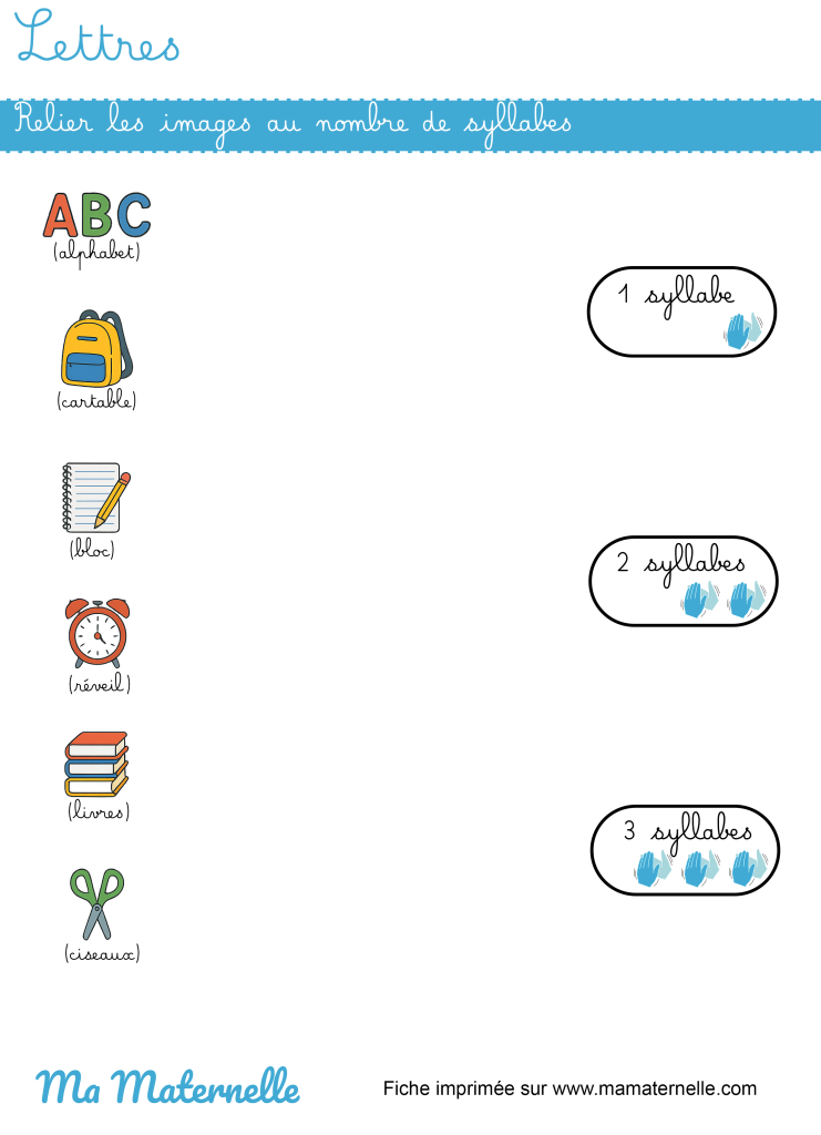 Grande section - Lettres : relier les images au nombre de syllabes