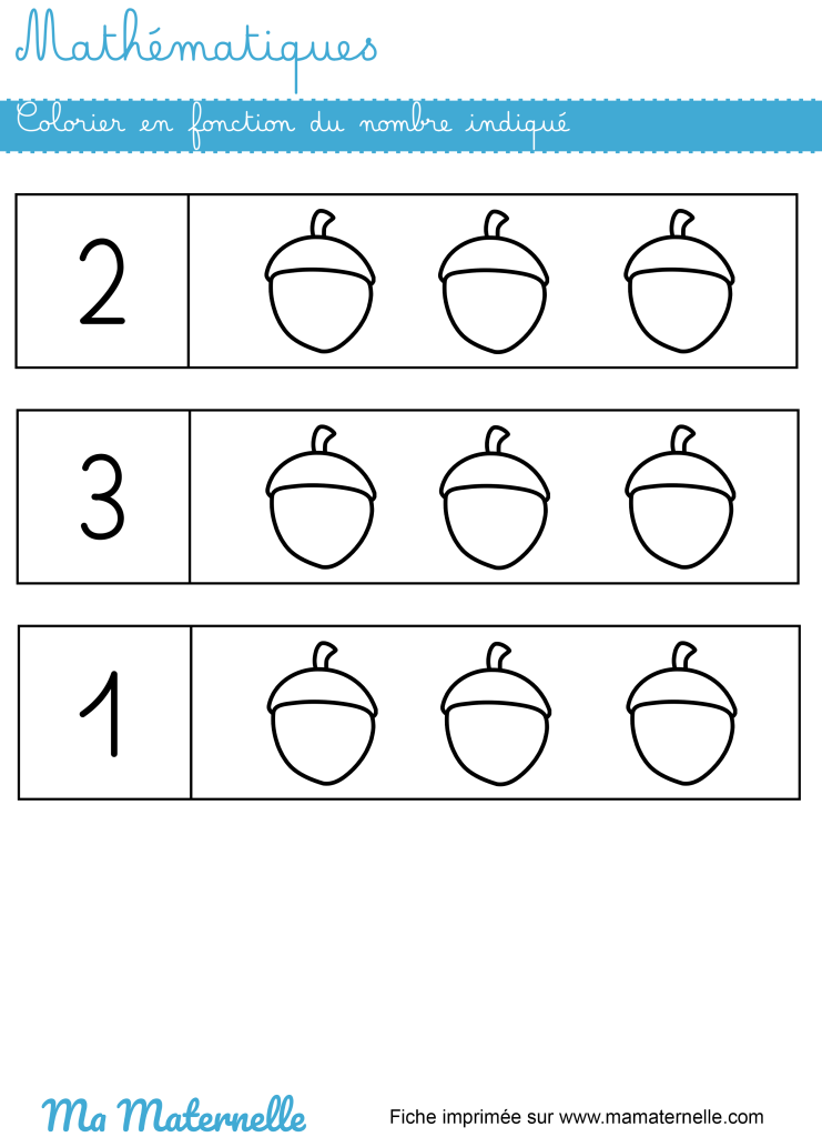 Petite section - Mathématiques : colorier en fonction du nombre indiqué