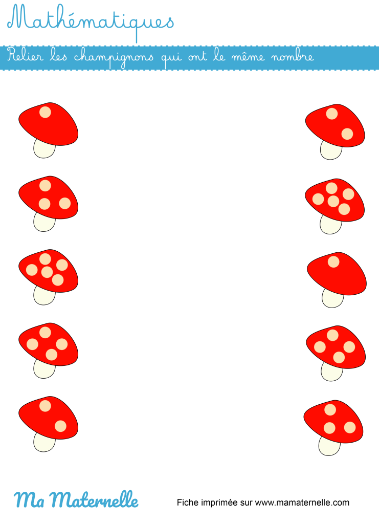 Moyenne section - Mathématiques : relier les champignons qui ont le même nombre