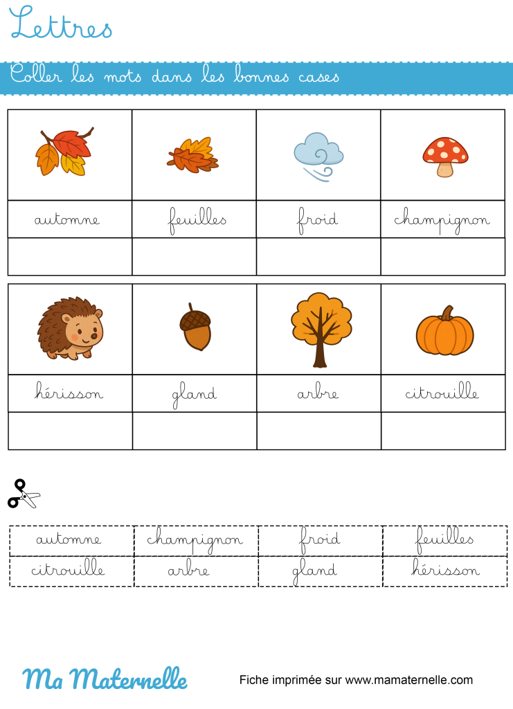 Grande section - Lettres : coller les mots dans les bonnes cases